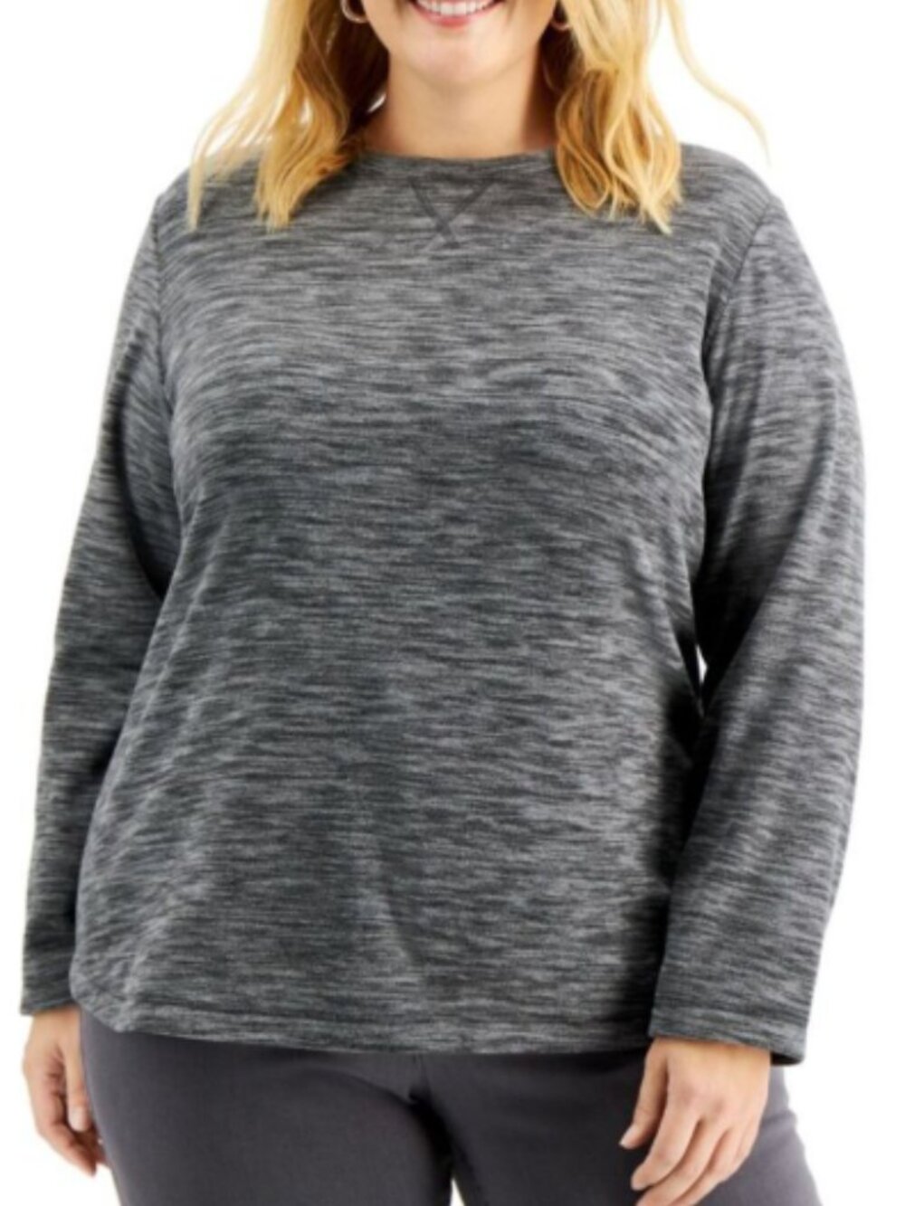 Karen Scott Sport Women's Grey Space-Dye Microfleece Top M